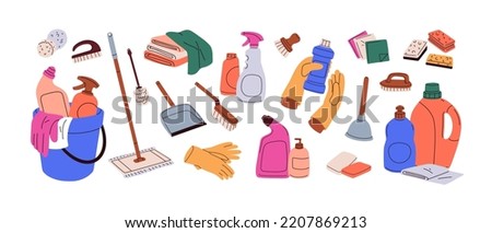 Cleaning supplies set. Home chemical detergent in bottles, household tools, equipment. Brush, mop and gloves, housework accessories. Flat graphic vector illustrations isolated on white background