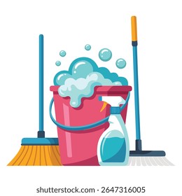 Conjunto de suministros de limpieza Ilustración vectorial aislada sobre fondo blanco