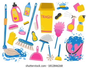 Cleaning supplies set. Mop and bucket with water, sponge for washing dishes and household chemicals for kitchen or toilet, spray and soap. Hand drawn cartoon bright colorful vector isolated items