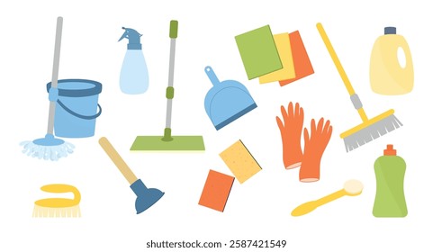 Cleaning Supplies Set. Set of various cleaning tools, a mop, bucket, broom, sponges, gloves, spray bottle, detergent. Perfect for cleaning service. Vector illustration, flat style.