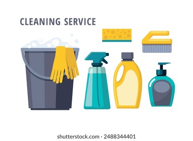 Cleaning supplies. Spray, sponge and bucket. Cleaning service illustration