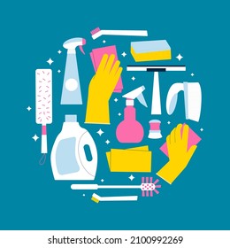 Cleaning supplies sticker. Hands in gloves, brush and detergent bottles. Flat illustration of housekeeping products for professional cleanup.