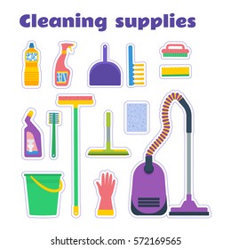 Cleaning supplies sticker set. Vector set