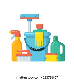 Cleaning Supplies Still Life In Flat Cartoon Style. Vector Illustration.