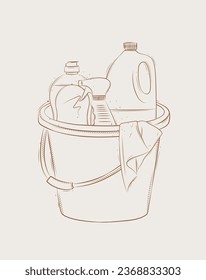 Cleaning supplies tools accessories bucket, rag, glass cleaner drawing in graphic style on beige background