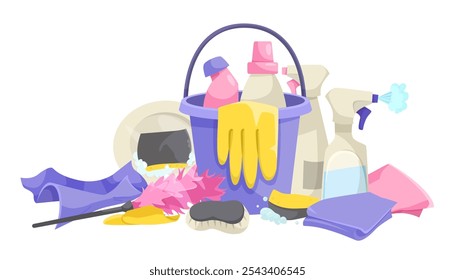 Cleaning Supplies and Tools Collection in a Bucket. Vector illustration