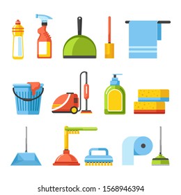 Cleaning supplies or tools, household and housekeeping cleaning equipment isolated icons vector. Bucket and brushes, sponge and detergent, scoop and towel. Vacuum cleaner and soap, plunge and mop