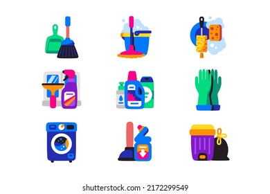 Cleaning supplies and tools icon set vector illustration. Detergents and equipment for cleanup. Household flat style concept