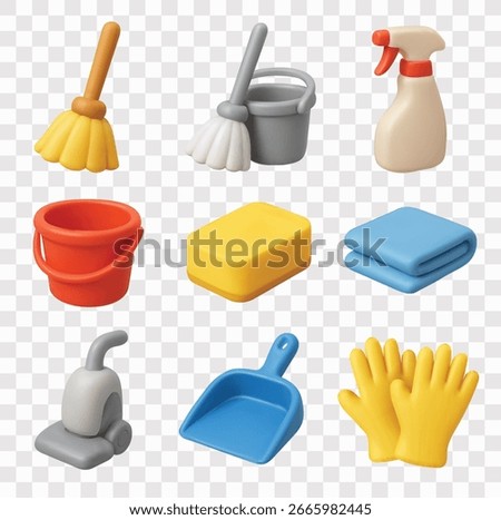 Cleaning Supplies Vector Icon Set | 3D icon set |  broom, mop with a bucket, spray bottle, bucket, sponge, folded towel, vacuum cleaner, dustpan, rubber gloves