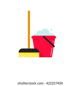 Cleaning supplies vector illustration isolated on white background, flat cleaning service logo with bucket and mop tools, cartoon cleaning concept design 