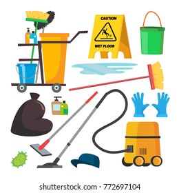 Cleaning Supplies Vector. Professional Commercial Cleaning Equipment Set. Cart, Vacuum Cleaner. Isolated Flat Illustration.
