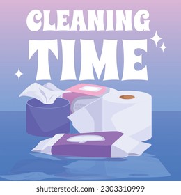 Cleaning supplies - wet and dry wipes, poster template, flat vector illustration. Cleaning time inscription. Packages of wet tissues, toilet paper rolls and dry napkins box. Personal hygiene concept.