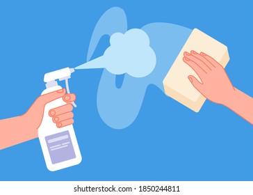 Cleaning surface. Clean table, wipe sanitise or disinfect desk. Hand holding spray, utter antibacterial hygiene service vector illustration