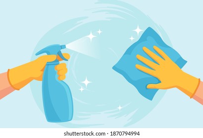 Cleaning surface. Hands in gloves clean with spray and wipe. Sanitizing home from virus and bacteria. Coronavirus prevention vector concept. Antibacterial sprinkling, preventing virus spread
