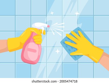 Cleaning surface. Hands with spray bottle and cloth wiping bathroom tile wall. Cleaning or disinfecting surfaces in house Vector illustration. Antibacterial cleanup, character in gloves