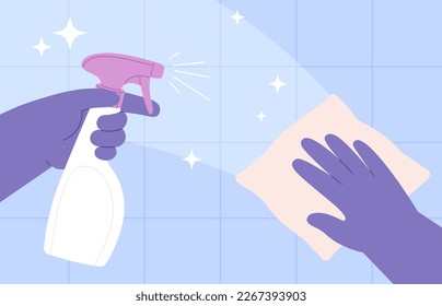 Cleaning surface kitchen with wipes. Wet cloth clean, disinfect or detergent spray. Laundry liquid supplies, hands sanitise tile racy vector background