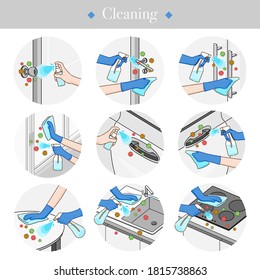 Cleaning the surface touching to the accumulation of pathogens with antiseptic for prevent infection of Covid-19 virus. Vector illustration