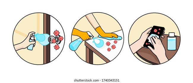 Cleaning the surface touching with antiseptic for prevent infection of Covid-19 virus. Vector illustration