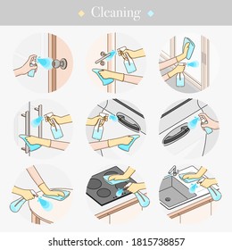 Cleaning the surface touching with antiseptic for prevent infection of Covid-19 virus. Vector illustration