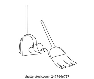 Cleaning and sweeping tools in one continuous line drawing. Broom with dust symbols and cleanup concept in simple linear style. Housekeeping in editable stroke. Outline vector illustration