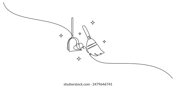 Cleaning and sweeping tools in one continuous line drawing. Broom with dust symbols and cleanup concept in simple linear style. Housekeeping in editable stroke. Doodle vector illustration