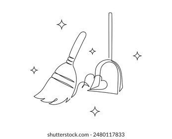 Cleaning and sweeping tools in one continuous line drawing. Broom with dust symbols and cleanup concept in simple linear style. Housekeeping in editable stroke. Contour vector illustration