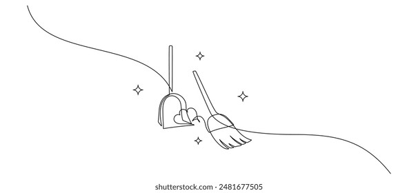 Cleaning and sweeping tools in one continuous line drawing. Broom with dust symbols and cleanup concept in simple linear style. Housekeeping in editable stroke. Monoline vector illustration