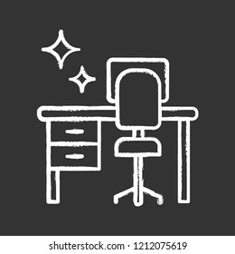 Cleaning table desk chalk icon. Keeping workplace clean. Tidy home or office desk. Isolated vector chalkboard illustration