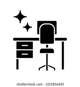 Cleaning table desk glyph icon. Silhouette symbol. Keeping workplace clean. Tidy home or office desk. Negative space. Vector isolated illustration
