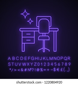 Cleaning table desk neon light icon. Keeping workplace clean. Tidy home or office desk. Glowing sign with alphabet, numbers and symbols. Vector isolated illustration