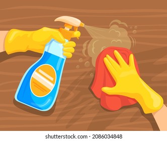 Cleaning table spray. Hand in rubber glove wipe clean surface office desk, sanitize home equipment, disinfect house detergent cleaner, hygiene workplace, vector illustration. Clean hygiene desk