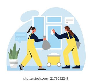 Cleaning team concept. Two women with cleaning products in apartment washing windows. Modern service, care for cleanliness and fight against dirt and dust in house. Cartoon flat vector illustration