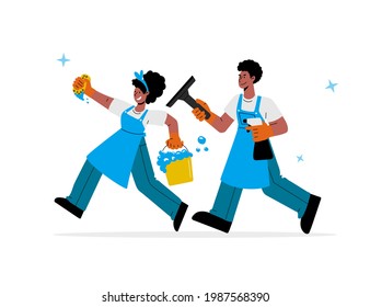 Cleaning team concept.African-american male and female janitors in uniform  with bucket and spray,washing squeegee run to cleanup.Vector illustration.