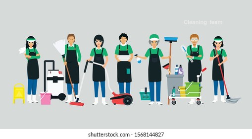 The cleaning team has equipment with a gray background.