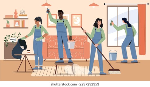 Cleaning team at home. Women and men in apartment with mops and cleaning supplies. Cleanliness and hygiene, comfort and coziness in room. Advertising poster or banner. Cartoon flat vector illustration