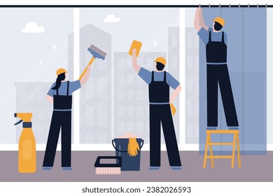 Cleaning team man and woman janitors cleaners cleaning windows with cleaning tools. City view skyscrapers. Cleaning staff washing windows in office or apartment. Indoor interior. vector illustration