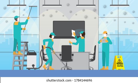 Cleaning team in office meeting room. Clean and check inspect professional service for protect the pandemic of COVID-19 coronavirus in workplace. After re-opening business hour for work.