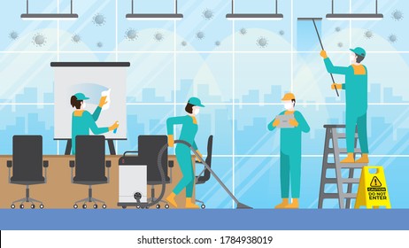 Cleaning Team In Office Meeting Room. Clean And Check Inspect Professional Service For Protect The Dirty And Virus In Workplace. After Re-opening Business Hour For Work.