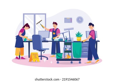 Cleaning team with professional equipment cleaning office