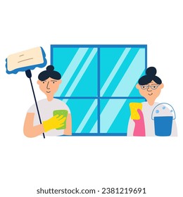 Cleaning team staff. Cleaning window with professional tools. Flat design. Illustration on white background.