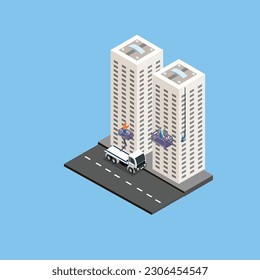 Cleaning team staff cleaning windows skyscrapers isometric 3d vector illustration concept for banner, website, illustration, landing page, flyer, etc.
