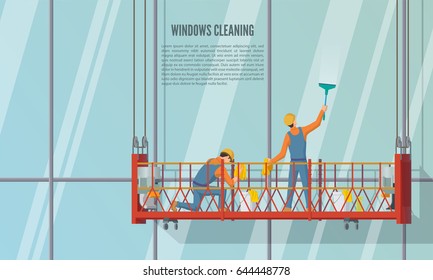 Cleaning team staff cleaning windows skyscrapers with cleaning tools, vector illustration