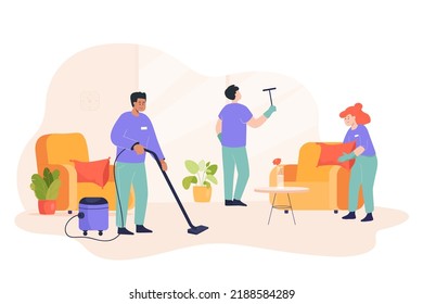 Cleaning team tidying up room flat vector illustration. Professional workers in uniform doing windows, cleaning with vacuum cleaner, working at home. Cleanup, housekeeping, hygiene concept