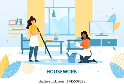 Cleaning team with two maids in aprons doing the housework dusting and mopping the floor, colored vector illustration