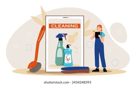 Reinigungsteam Frau Konzept. Junge Mädchen in Uniform mit Ausrüstung für Reinigungsräume und Wohnungen. Hygiene und Sauberkeit. Hausmeister mit Pinsel und Reinigungsmitteln. Cartoon flache Vektor-Illustration