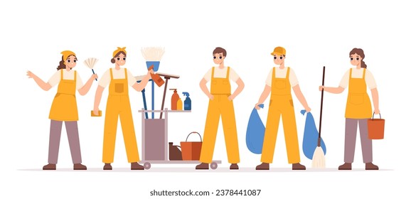 Cleaning team young characters. Cleat service staff, cute cartoon workers with broom, bucket, waste bags and sponge. Snugly people in uniform, vector concept