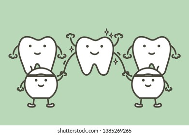 cleaning teeth by dental floss, dental health care - tooth cartoon vector flat style cute character for design