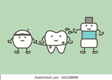 cleaning teeth by dental floss and mouthwash, dental health care - tooth cartoon vector flat style cute character for design
