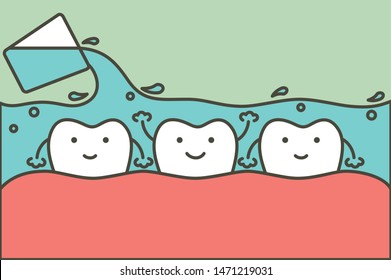 cleaning teeth by mouthwash, dental health care - tooth cartoon vector flat style cute character for design