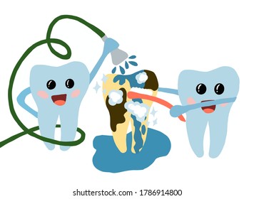 dientes de limpieza, caracteres dentales lindos lavando un diente sucio con manguera y cepillo de dientes, diseño conceptual aislado en fondo blanco, ilustración vectorial diseño plano